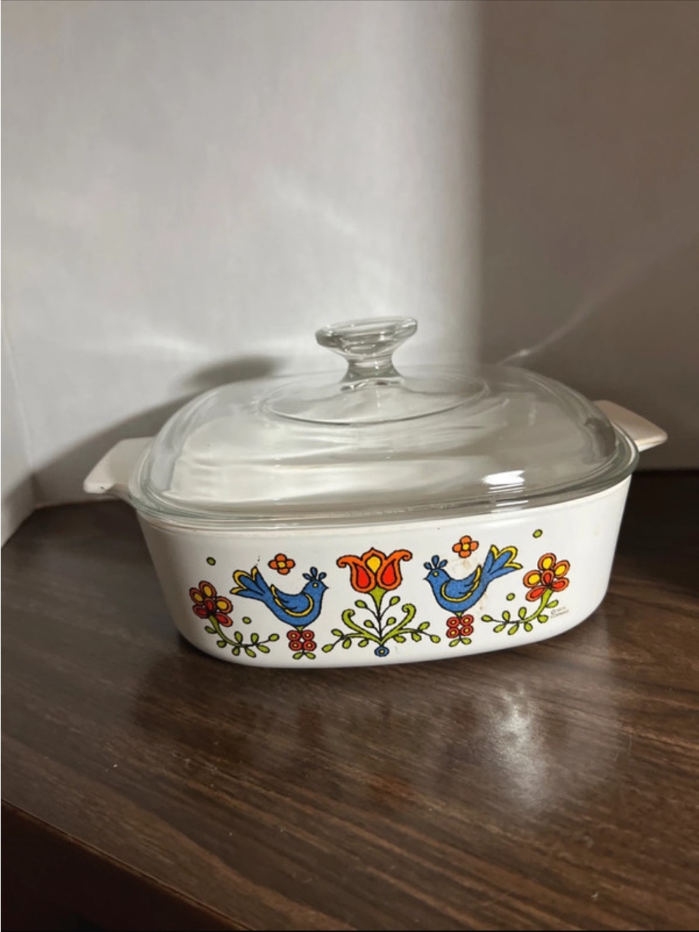 Vintage- Corningware  Covered Casserole Dish with Blue Bird Floral Design